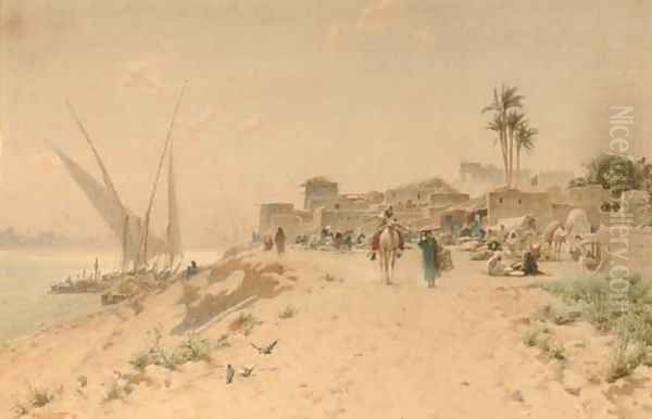 Feluccas unloading before a settlement on the edge of the Nile Oil Painting by Robert George Talbot Kelly