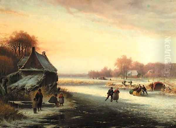 Winterfun skaters on the ice Oil Painting by Cornelis Kimmel