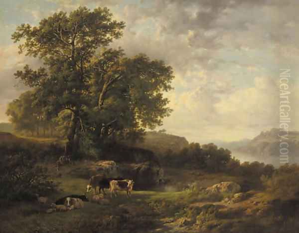 A rhenish river landscape with a herdsman and cattle Oil Painting by Cornelis Kimmel