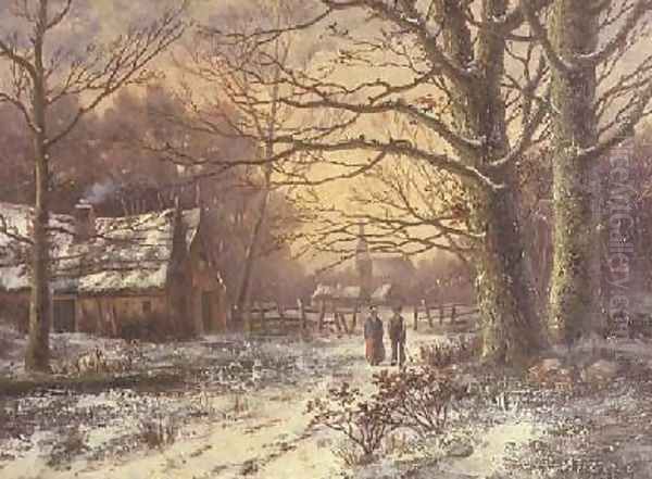 Figures on a path before a village in winter Oil Painting by Johannes Hermann Barend Koekkoek