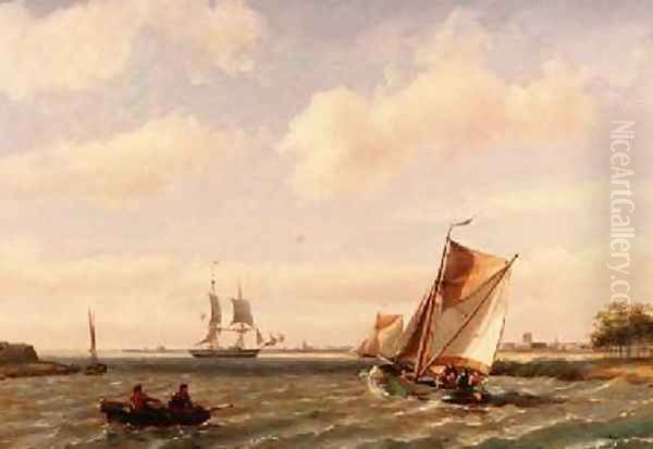 Fishing Boat in an Estuary Oil Painting by Johannes Hermann Barend Koekkoek