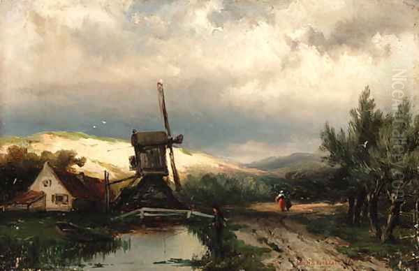 Fishing by the canal Oil Painting by Johannes Hermann Barend Koekkoek