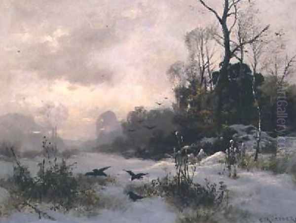 Crows in a Winter Landscape Oil Painting by Karl Kustner