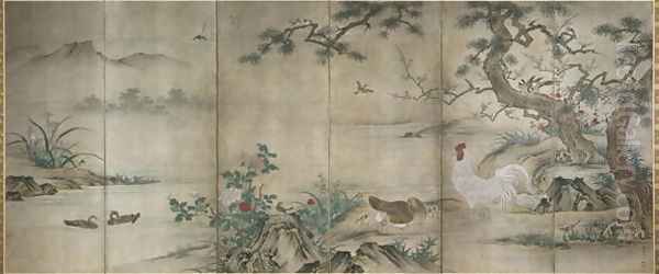 Birds and Flowers six panel folding screen Muromachi period Oil Painting by Shoei Kano