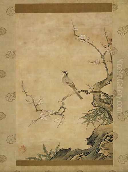 Small Bird and Plum Blossoms Oil Painting by Shoei Kano