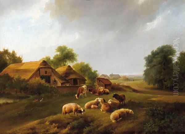 Summer landscape with live-stock in a meadow Oil Painting by Augustus Knip