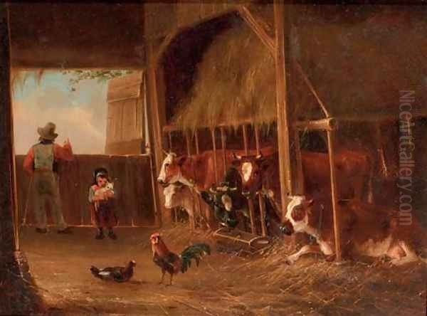 Helping father in the stable Oil Painting by Augustus Knip