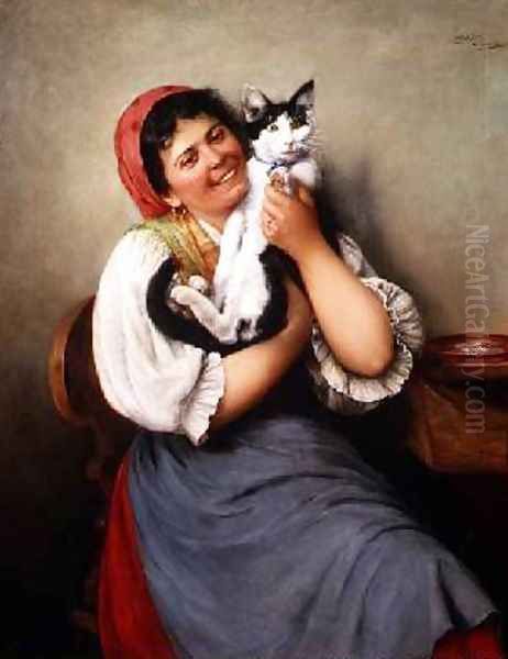 Her Favourite Cat Oil Painting by Ludwig Kohrl