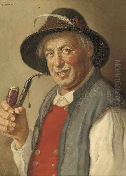 A Tyrolean pipe smoker Oil Painting by Ludwig Kohrl