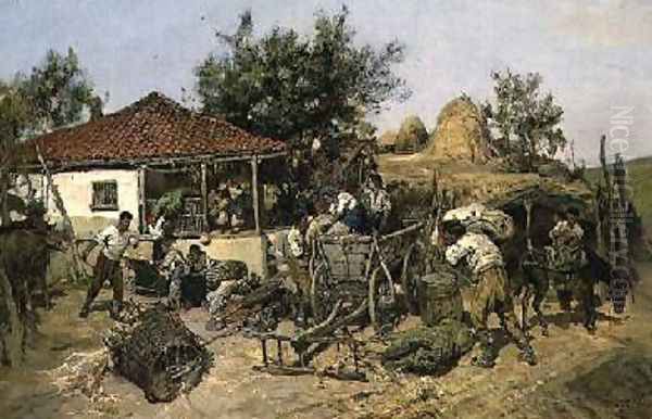 Peasants Loading a Cart Oil Painting by Pawel Kowalewsky