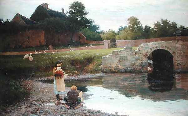 Playing by the Old Bridge Oil Painting by Joseph Malachy Kavanagh