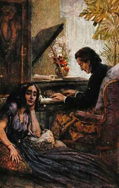 Postcard depicting George Sand 1804-76 listening to Frederic Chopin 1810-1849 play the piano Oil Painting by Adolf Karpellus