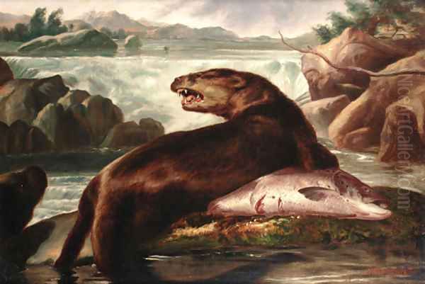 Otter and Salmon Oil Painting by A. Roland Knight