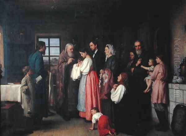 The Christening Oil Painting by Akim Egorovich Karneev