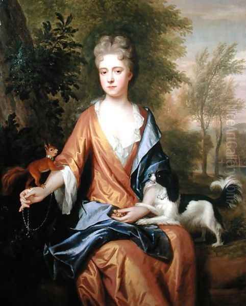 Portrait of a Lady with a Squirrel and a Spaniel Oil Painting by Frederic Kerseboom