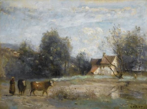 Luzancy, Petites Maisons De Paysans Au Bord De L'eau Oil Painting by Jean-Baptiste-Camille Corot