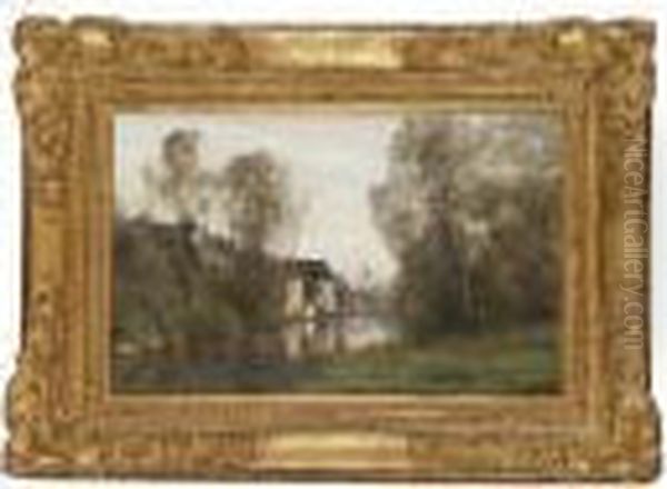 Voisinlieu Pres Beauvais - Maisons Au Bord De L'eau Avec Un Arbre Penche Oil Painting by Jean-Baptiste-Camille Corot