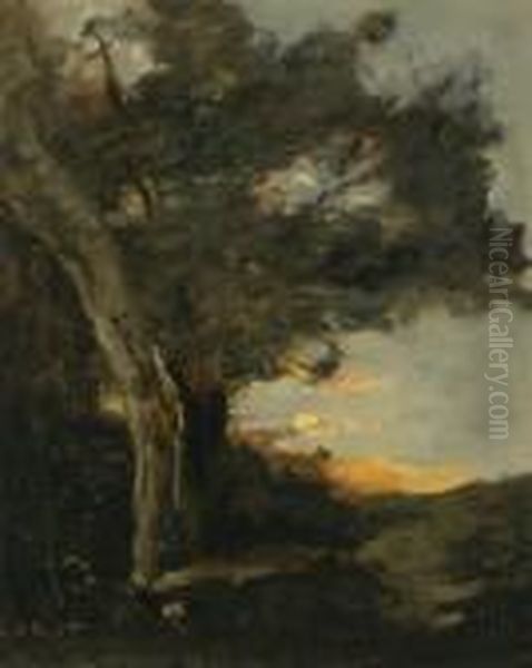 Coucher De Soleil Avec Une Lionne Oil Painting by Jean-Baptiste-Camille Corot