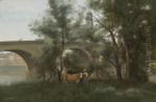 Mantes, Les Bords De La Seine Au Pied Du Pont Oil Painting by Jean-Baptiste-Camille Corot