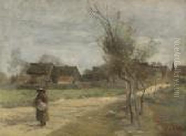 Paysanne Sur Une Route En Vue D'un Village Oil Painting by Jean-Baptiste-Camille Corot