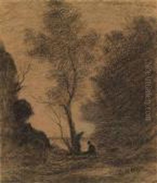 A Landscape With A Big Tree And Two Figures In The Foreground Oil Painting by Jean-Baptiste-Camille Corot