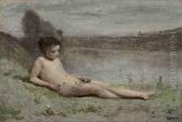 Jeune Baigneuse Couchee Sur L'herbe Au Bord D'un Etang Oil Painting by Jean-Baptiste-Camille Corot