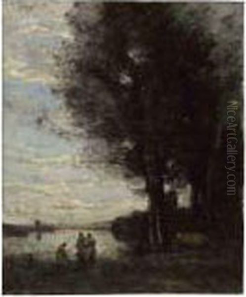 Trois Paysannes Avec Une Vache Au Bord De L'eau Oil Painting by Jean-Baptiste-Camille Corot