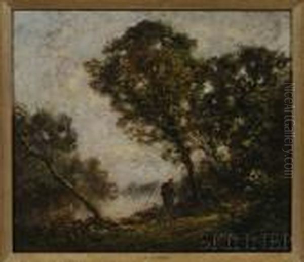 Figures By A Pond Oil Painting by Jean-Baptiste-Camille Corot