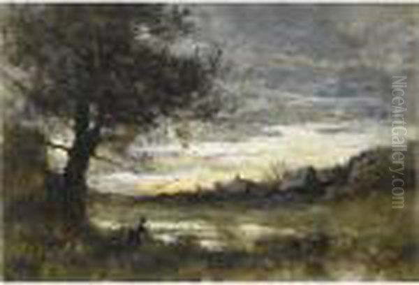 Souvenir De Normandie, Soleil Couchant Oil Painting by Jean-Baptiste-Camille Corot