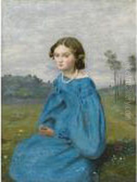 Jeune Fille A La Robe Bleue Oil Painting by Jean-Baptiste-Camille Corot