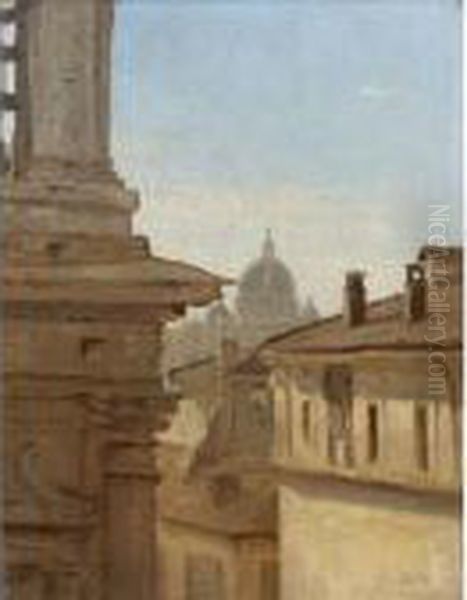 View Of The Rooftops Of Rome With St. Peter's Basilica Beyond Oil Painting by Jean-Baptiste-Camille Corot