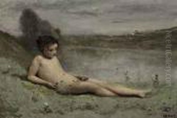 Jeune Baigneuse Couchee Sur L'herbe Au Bord D'un Etang Oil Painting by Jean-Baptiste-Camille Corot