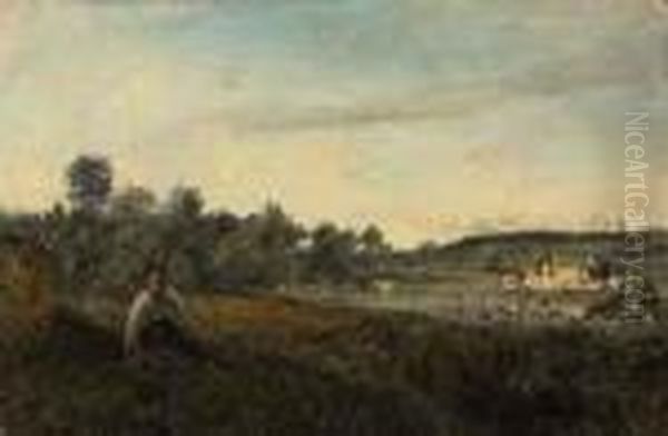 Jeune Patre Assis En Vue De L'etang Oil Painting by Jean-Baptiste-Camille Corot