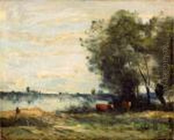 Bord De Riviere, Effet Du Matin Oil Painting by Jean-Baptiste-Camille Corot