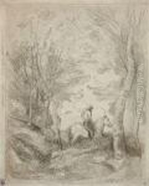 Rider In The Barbizon Forest Oil Painting by Jean-Baptiste-Camille Corot