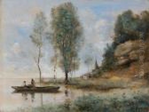 Bateau Sur Un Etang Avec Village A L'horizon Oil Painting by Jean-Baptiste-Camille Corot