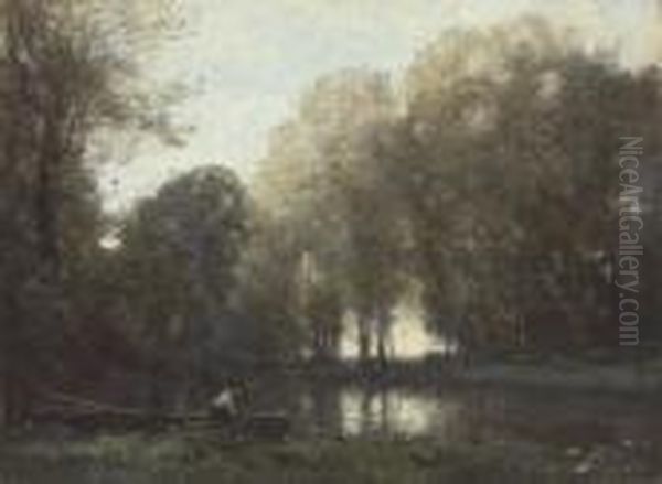 Pecheur Amarre Sur La Rive Verte Oil Painting by Jean-Baptiste-Camille Corot