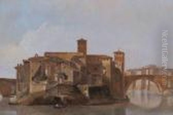 Vue Du Tibre Depuis Le Ponte 
Rotto Vers L'ile Tiberina Avec Lemonastere De San Bartolomeo, A Rome Oil Painting by Jean-Baptiste-Camille Corot