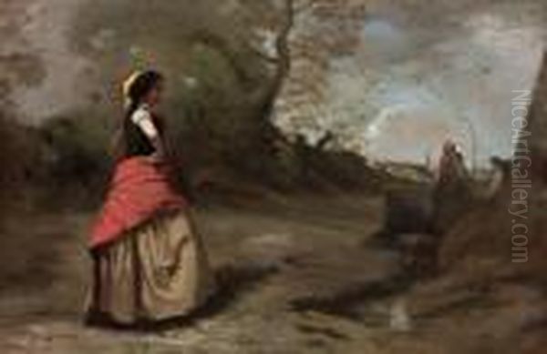 Jeune Fille A La Jupe Rouge Et Jaune Oil Painting by Jean-Baptiste-Camille Corot