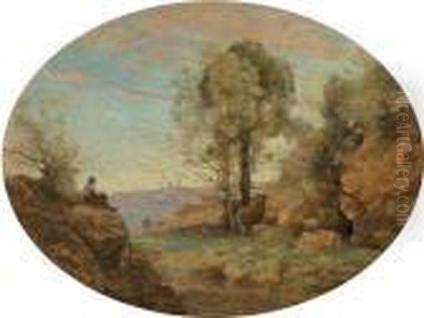 Le Patre Dominant La Gorge Rocheuse Oil Painting by Jean-Baptiste-Camille Corot