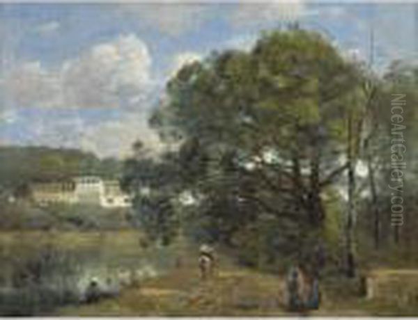 Ville D'avray - Route Descendant
 Des Bois Vers La Propriete De Corot, Et Longeant L'etang Oil Painting by Jean-Baptiste-Camille Corot