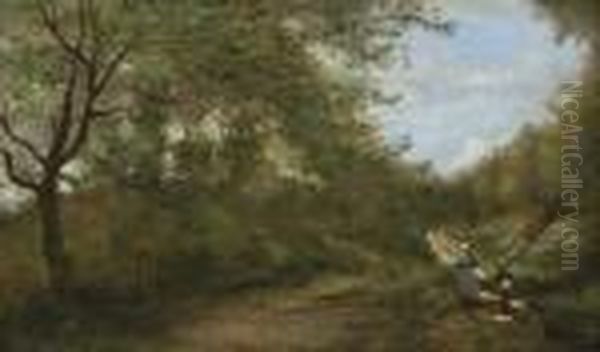 Luzancy, Sentier Ombreux Avec Une Chevriere Oil Painting by Jean-Baptiste-Camille Corot