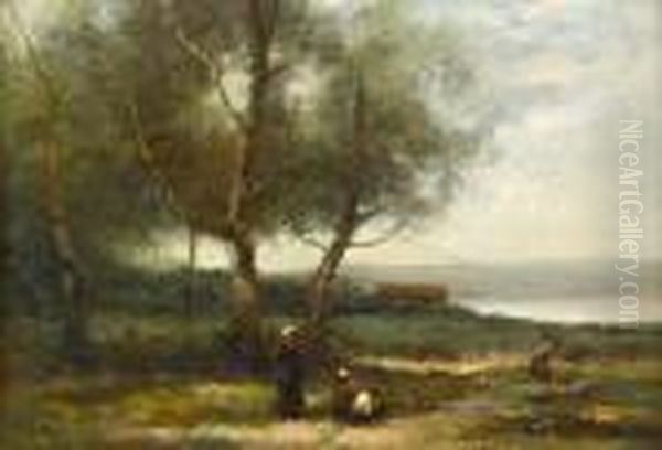 Peasant Women On A Path By Trees Oil Painting by Jean-Baptiste-Camille Corot