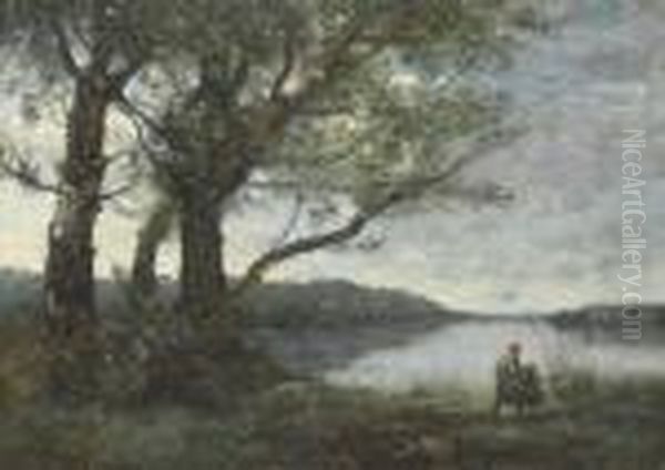 Les Trois Arbres En Vue Du Lac Oil Painting by Jean-Baptiste-Camille Corot