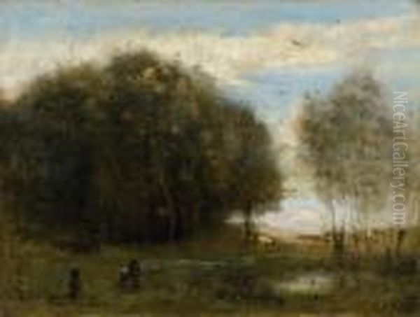 Trois Personnages En Vue D'un Village Oil Painting by Jean-Baptiste-Camille Corot