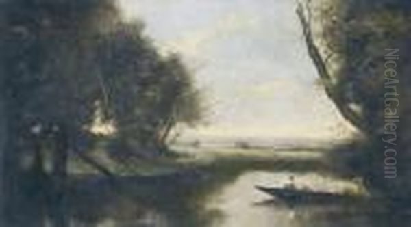 Flusslandschaft Mit Boot. Oil Painting by Jean-Baptiste-Camille Corot