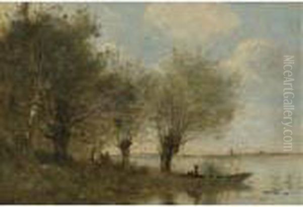 La Barque A La Pointe De L'ile Oil Painting by Jean-Baptiste-Camille Corot