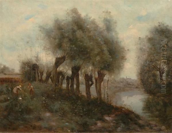 Flusslandschaft Mit Zwei Figuren. Oil Painting by Jean-Baptiste-Camille Corot