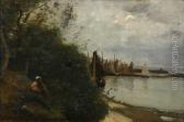 A Lady Under The Trees On The Seashore Oil Painting by Jean-Baptiste-Camille Corot