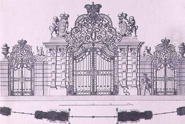 Plan and elevation of the entrance gates to Schloss Belvedere in Vienna probably designed by Johann George Oegg Oil Painting by Salomon Kleiner